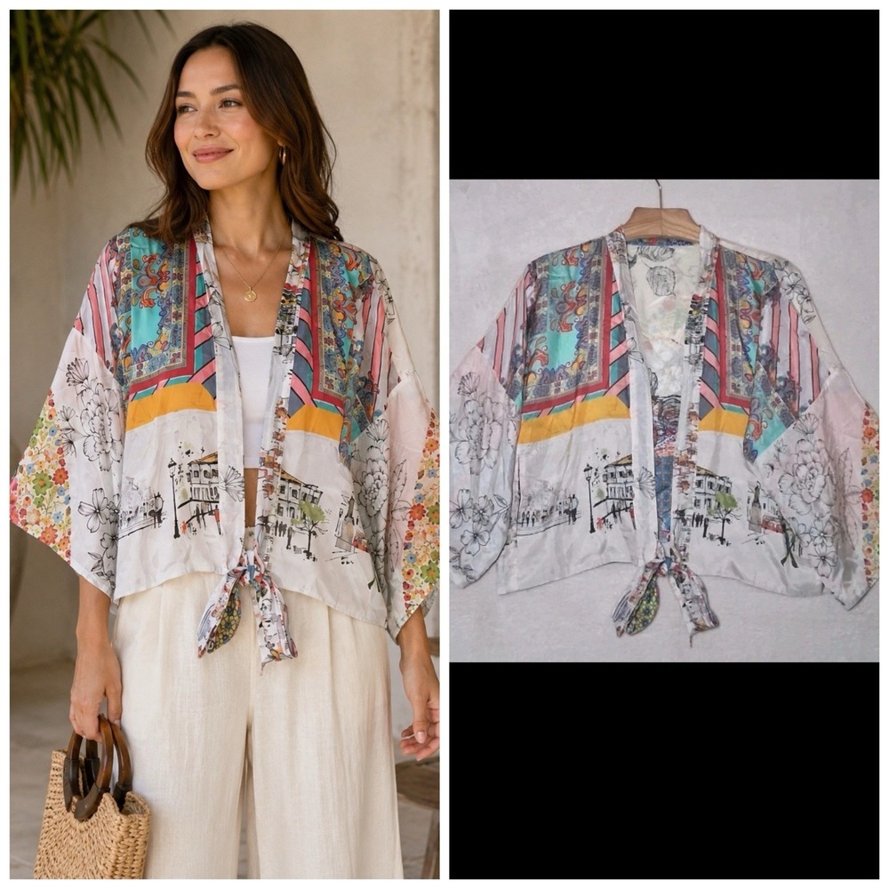 Kimono Jacket Womens Streetscape Floral Silk? Reversible Open Front 3/4 Sleeve L